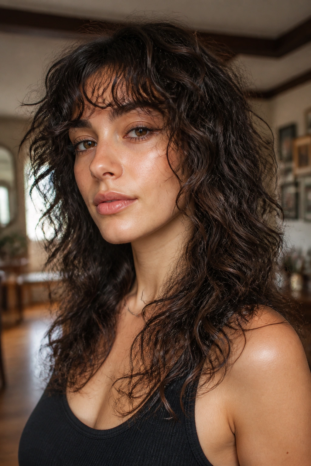 Close-up of a real woman showing razor-textured ends in a curly shag hairstyle