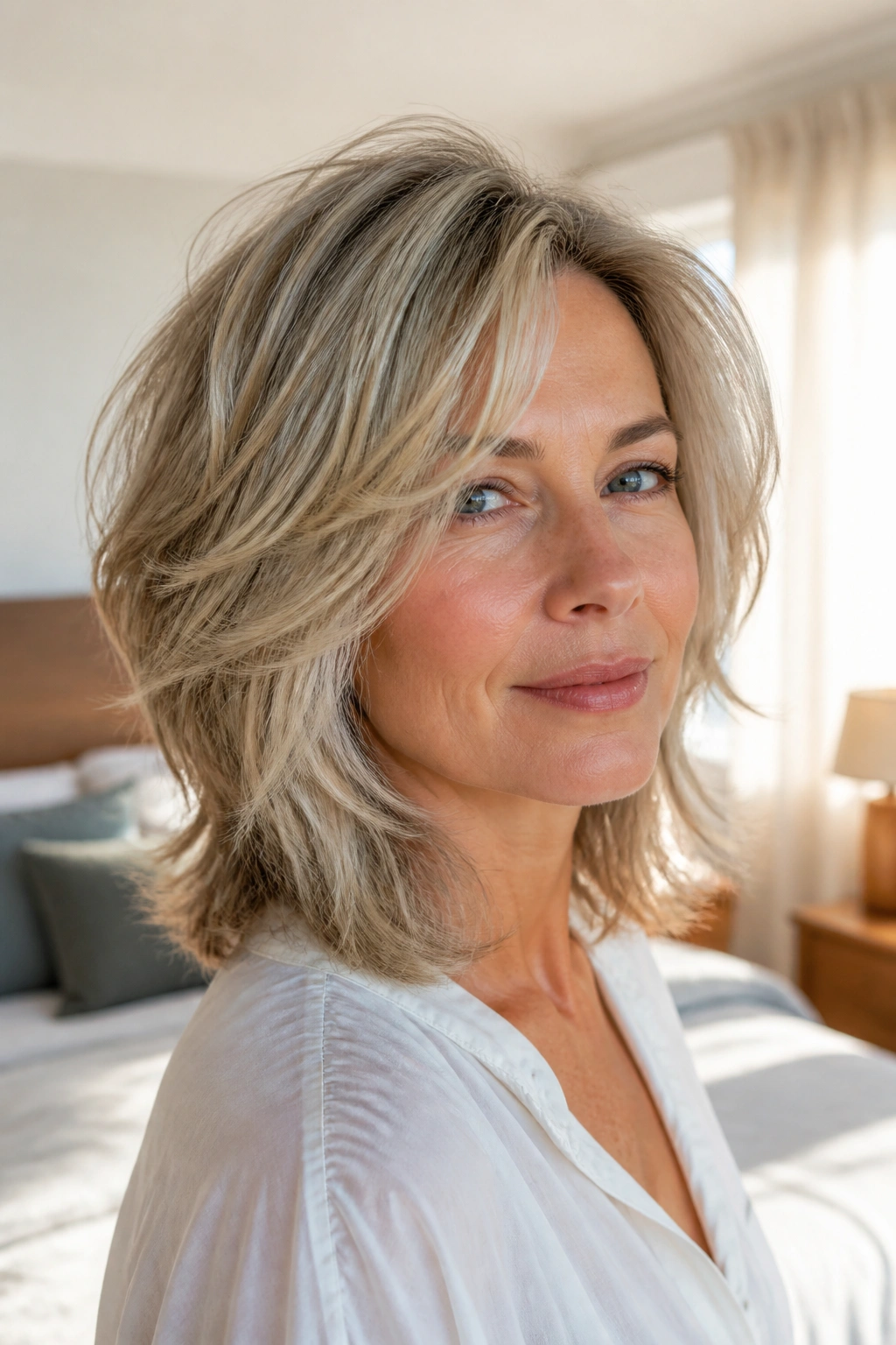 Close-up of a woman with razor-cut ends creating a light textured finish