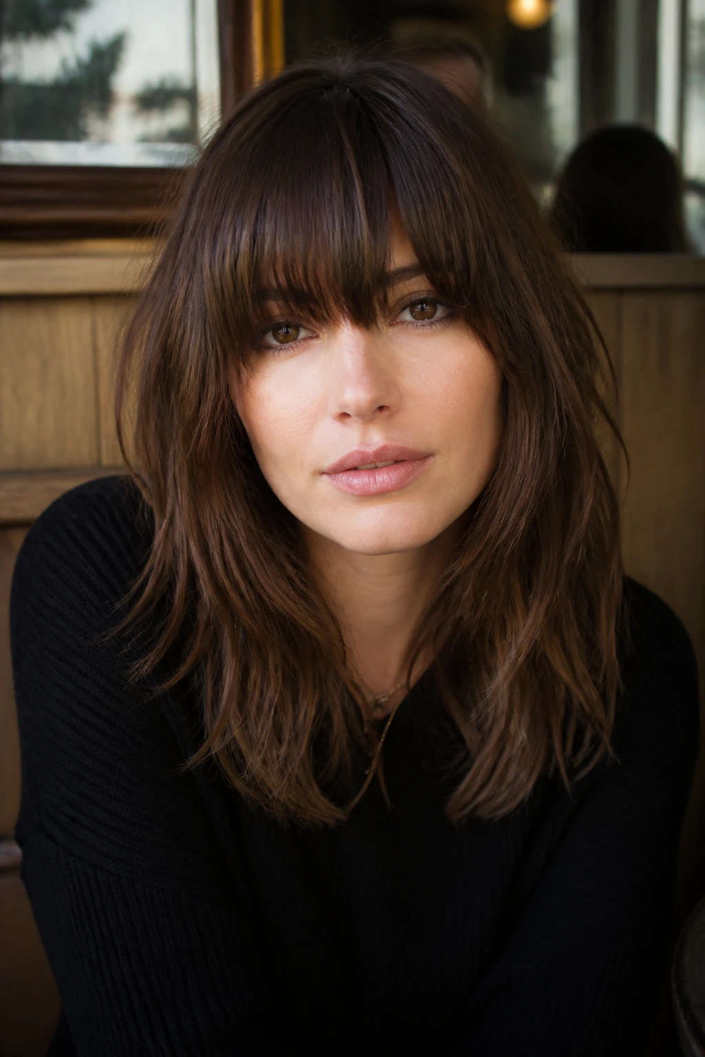 Close-up of a woman with razor-cut ends and heavy textured bangs at brow level in cafe light