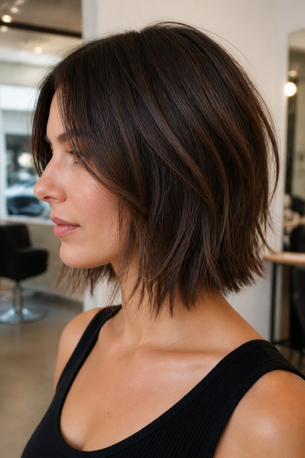 Profile view of a real person with razor-cut feathered ends on a lob