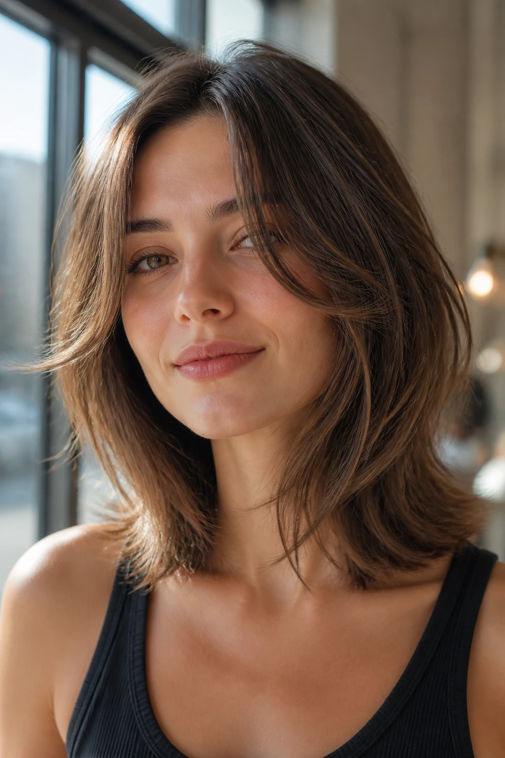 Close-up of a woman with razored ends on medium-length hair