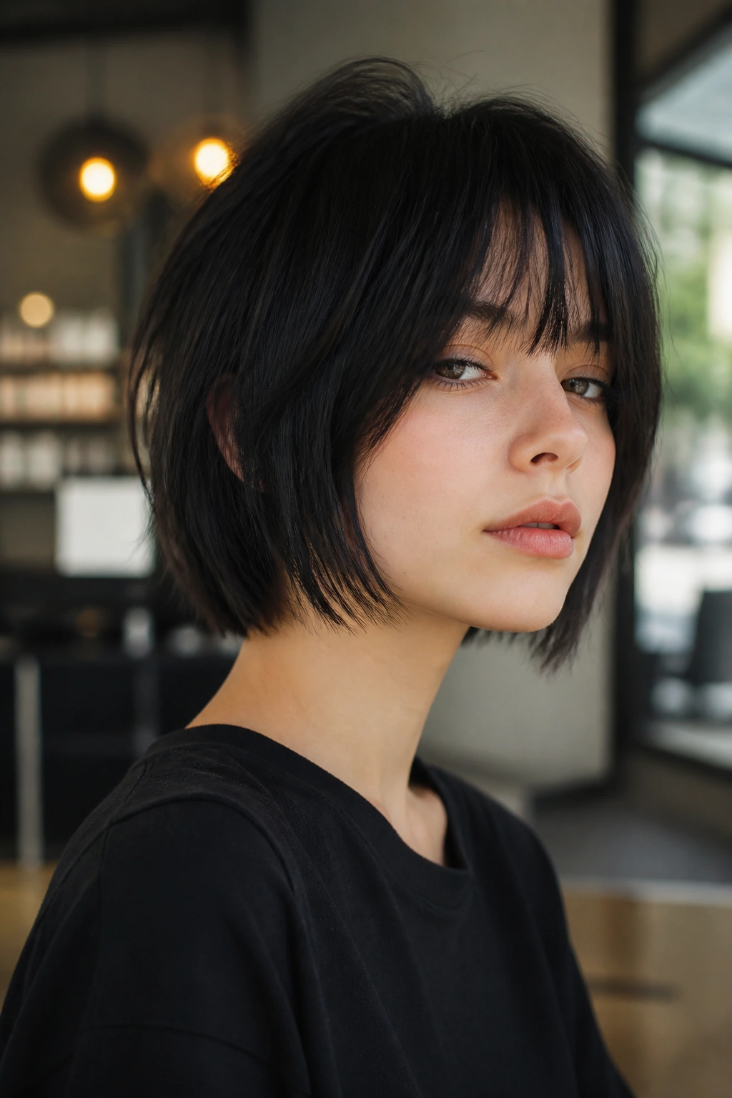Close-up portrait of a real person with sleek razored ends wolf cut in a cafe setting