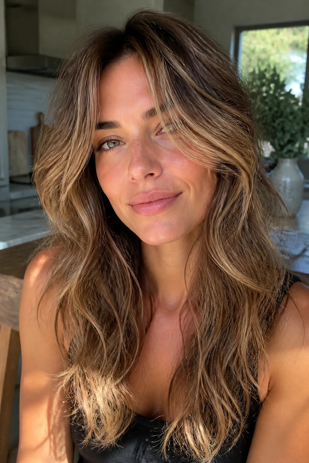 Real woman with razor-cut face framing for wavy hair in sunlight