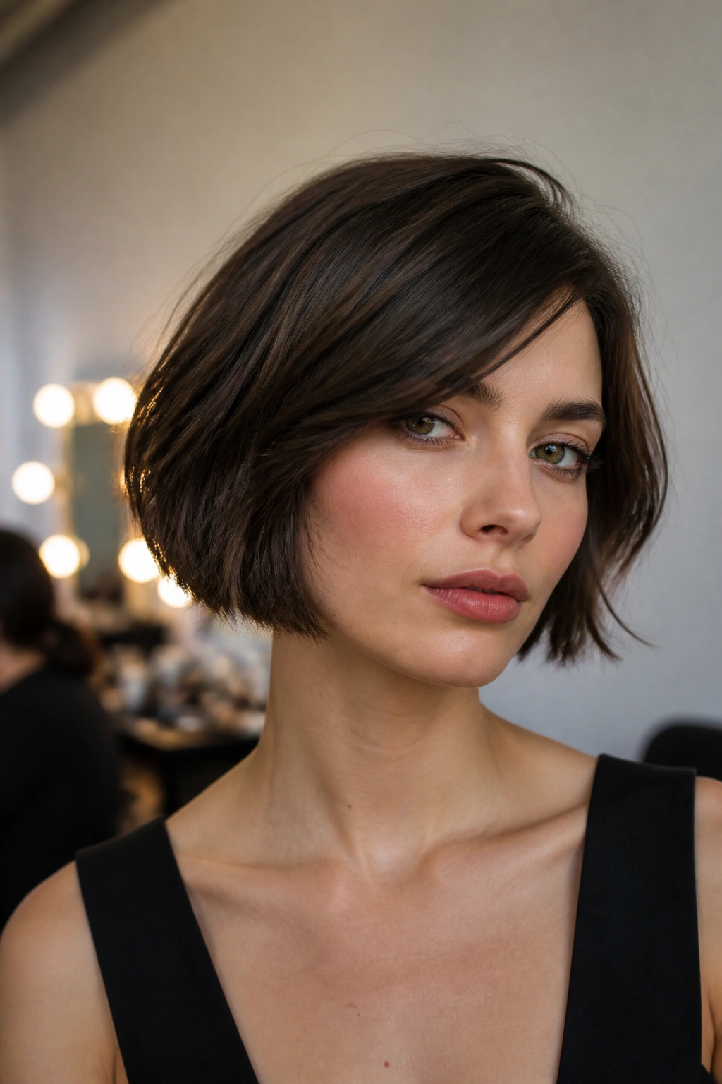 Close-up of a real woman with razored French bob and soft broken ends in backstage lighting