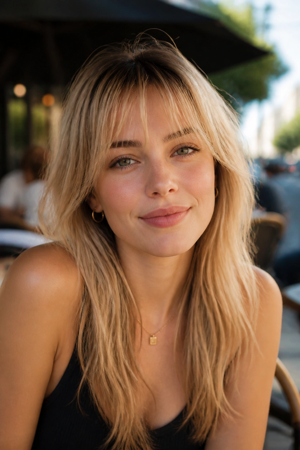 Real woman with razor-cut fringe and airy edge on a sunny street