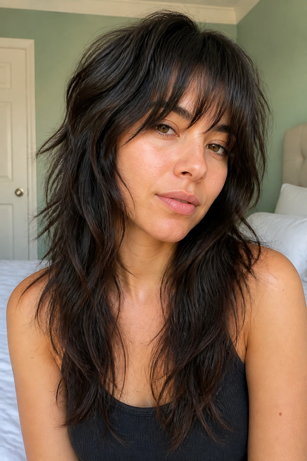 Close-up portrait of a real woman with razor-fringed fringe on a long choppy shag