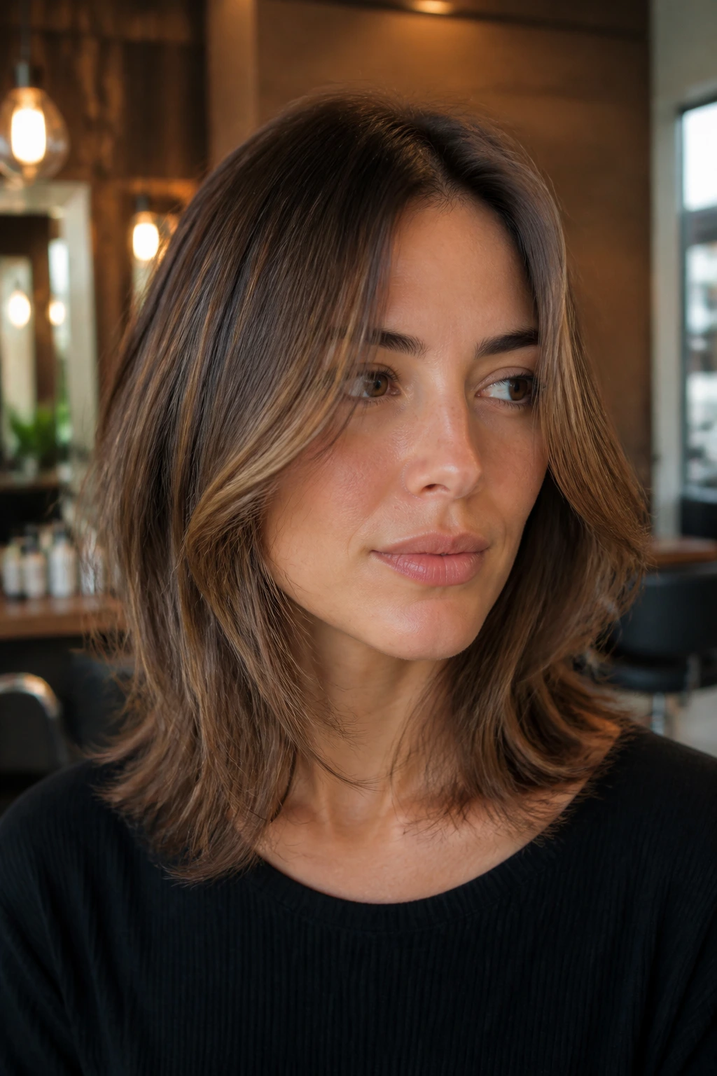 Close-up of a real woman showcasing a razored midi cut with airy ends around the collarbone.