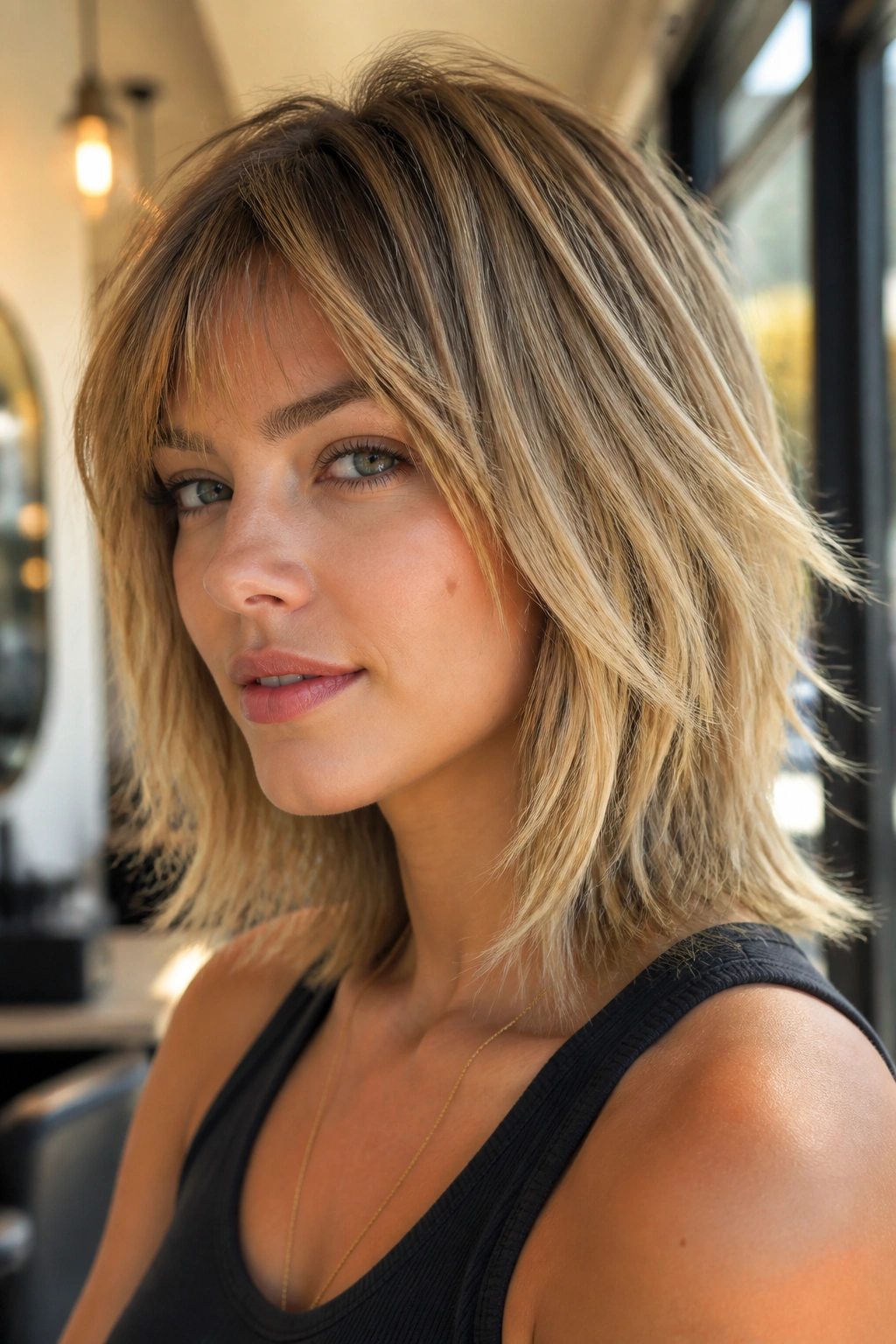 Close-up of real woman with choppy razored shoulder-length step cut