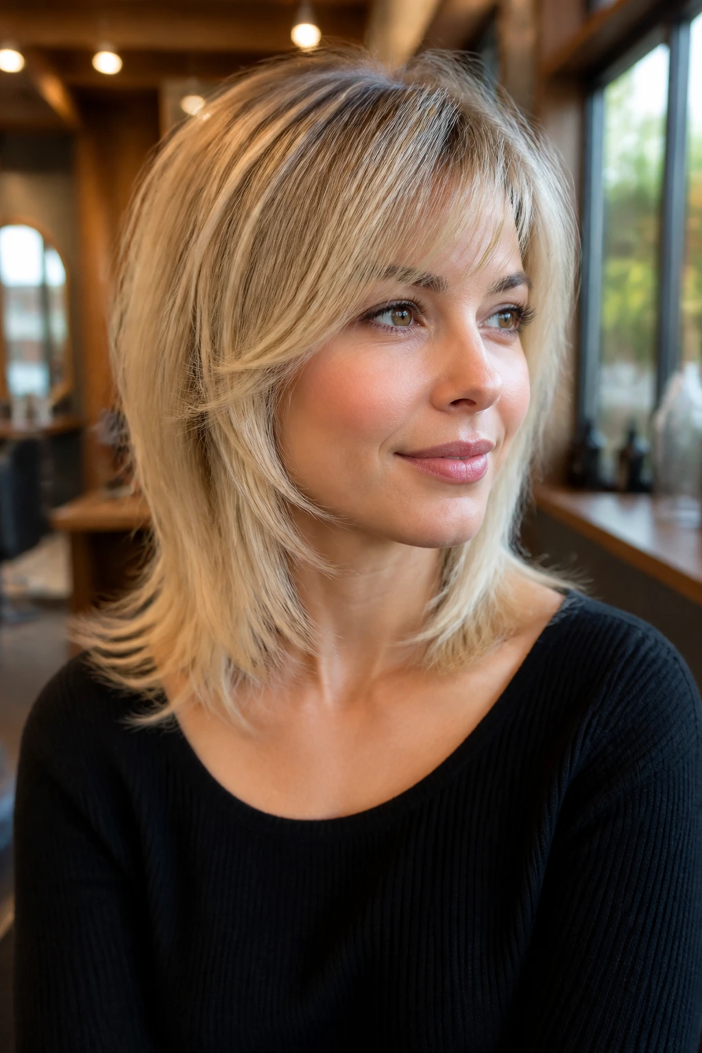 Real-woman portrait highlighting razored layers for fine hair, airy ends