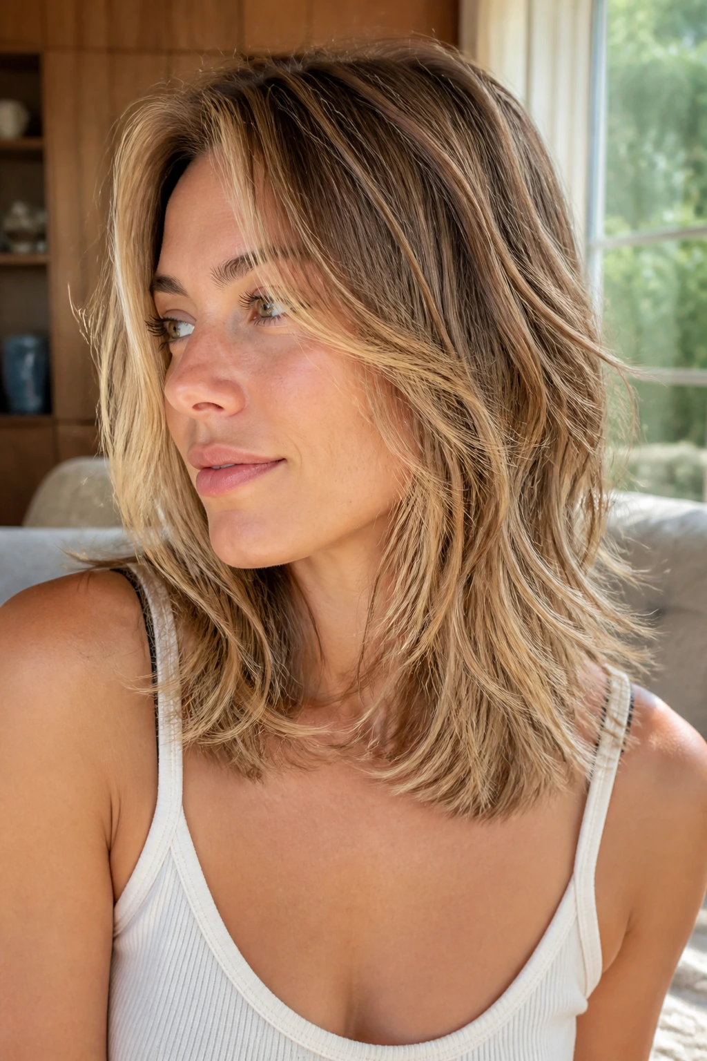 Close-up of a real woman with razor-cut layers creating soft, airy texture on medium-length hair