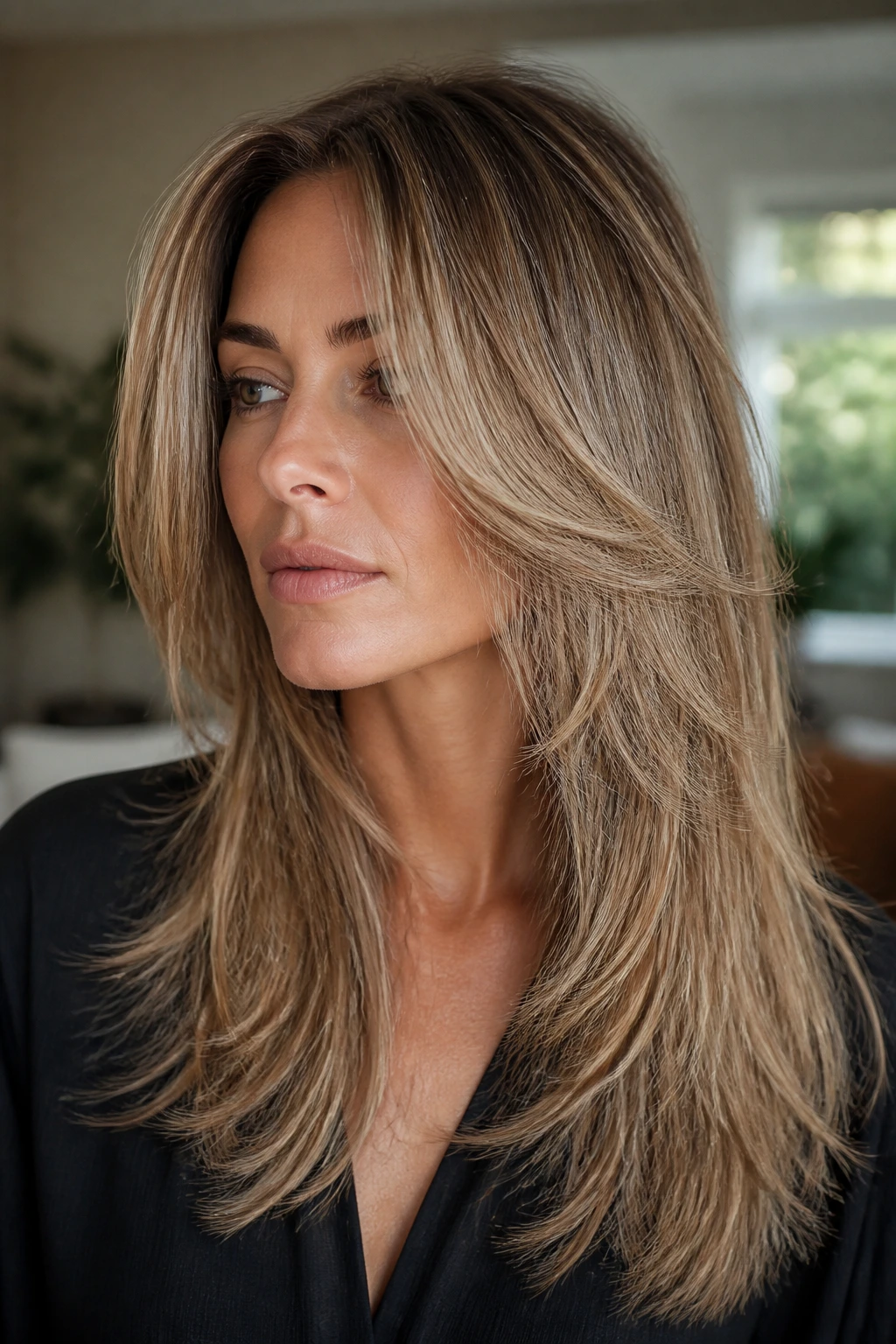 Portrait of a real woman with razored layers on straight hair