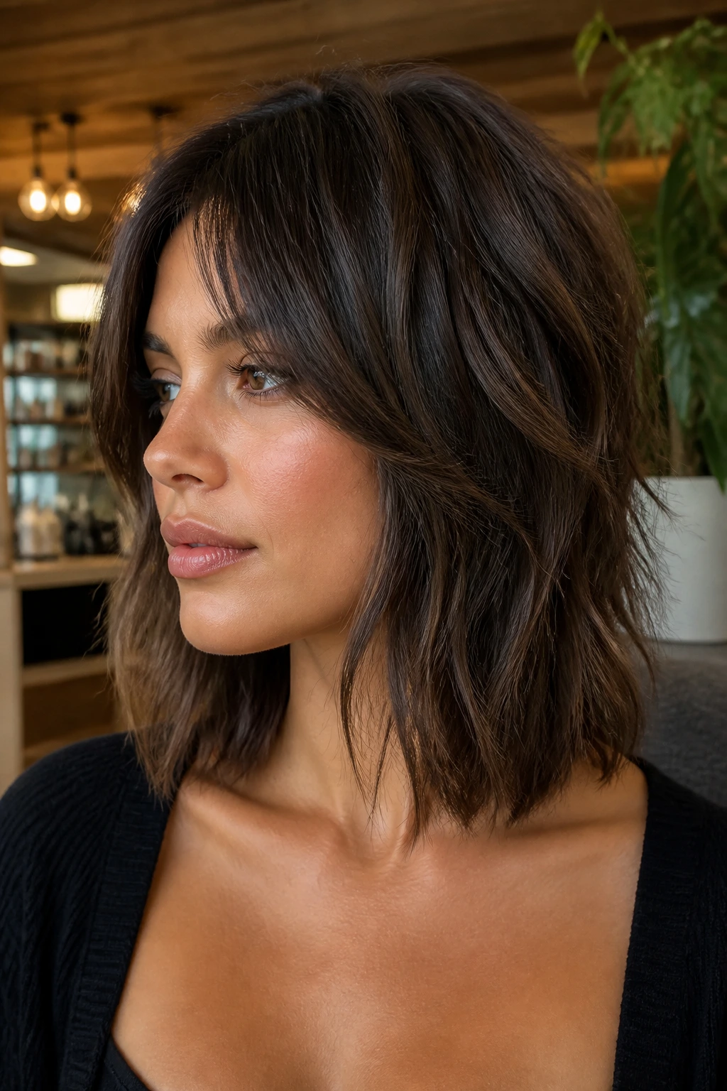 Close-up of a real person with a collarbone-length Razored Lob Shag in a sunlit salon