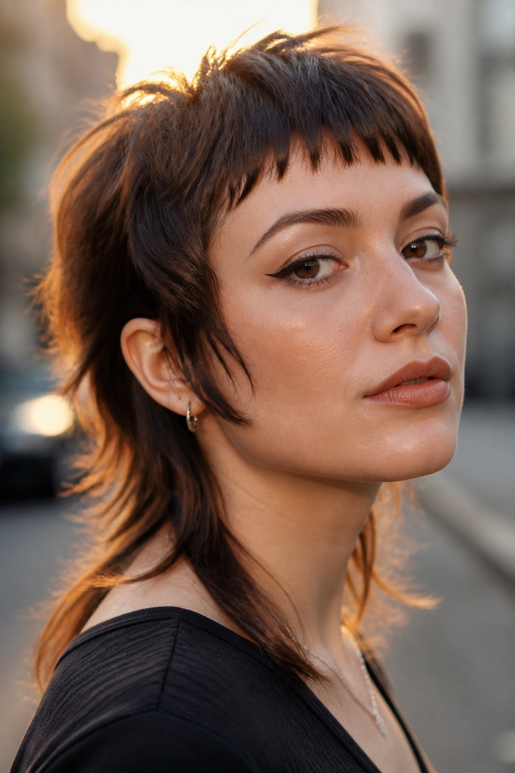 Close-up portrait of a real woman with razored mullet shag and micro bangs.
