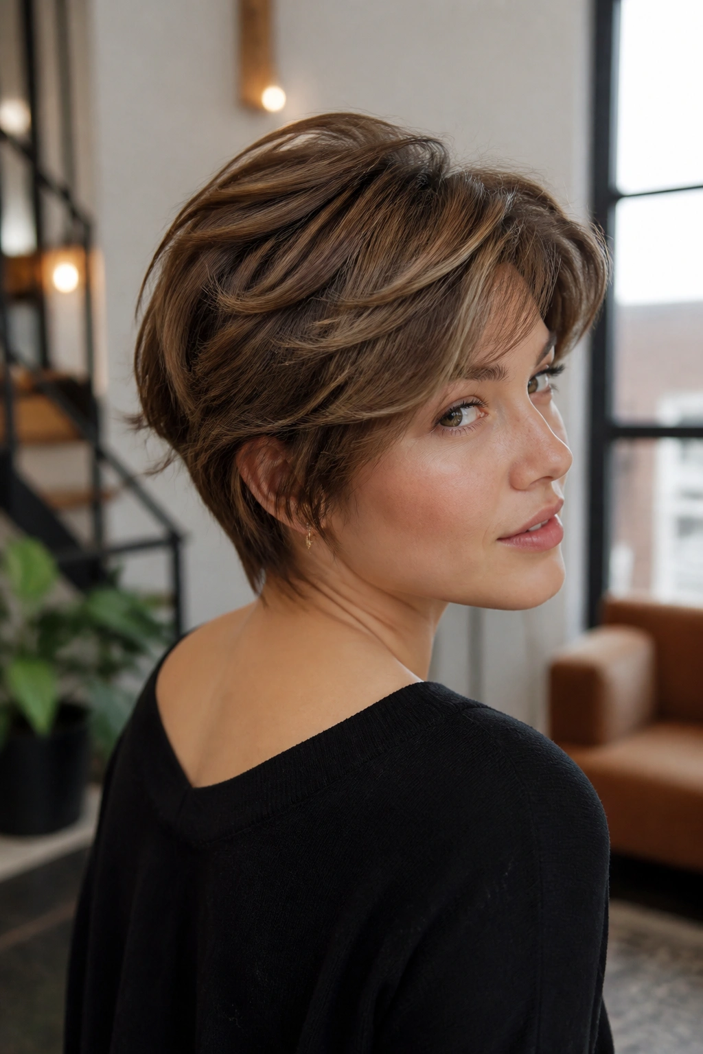 Portrait of a woman with razored pixie-bob showing soft separation in urban light
