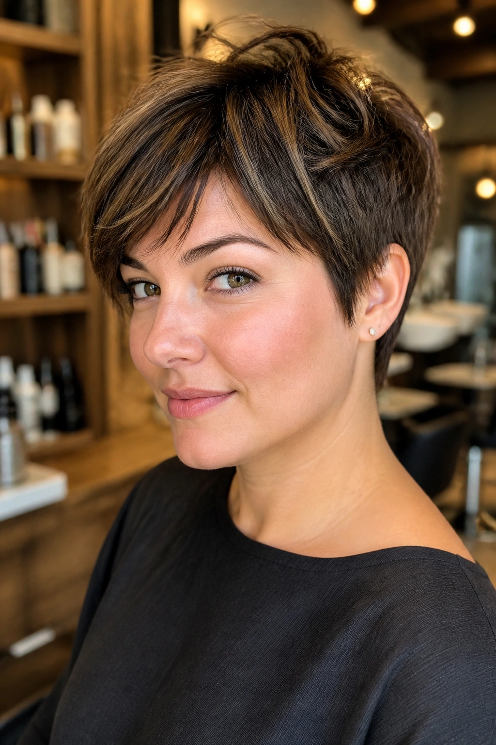 Portrait of a real woman with razored pixie for round face.