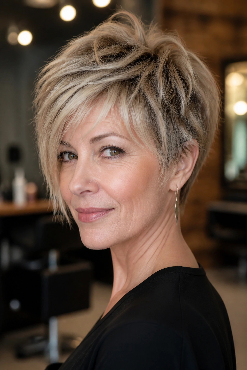 Close-up of real woman with Razored Pixie Shag with Side Fringe in warm salon lighting