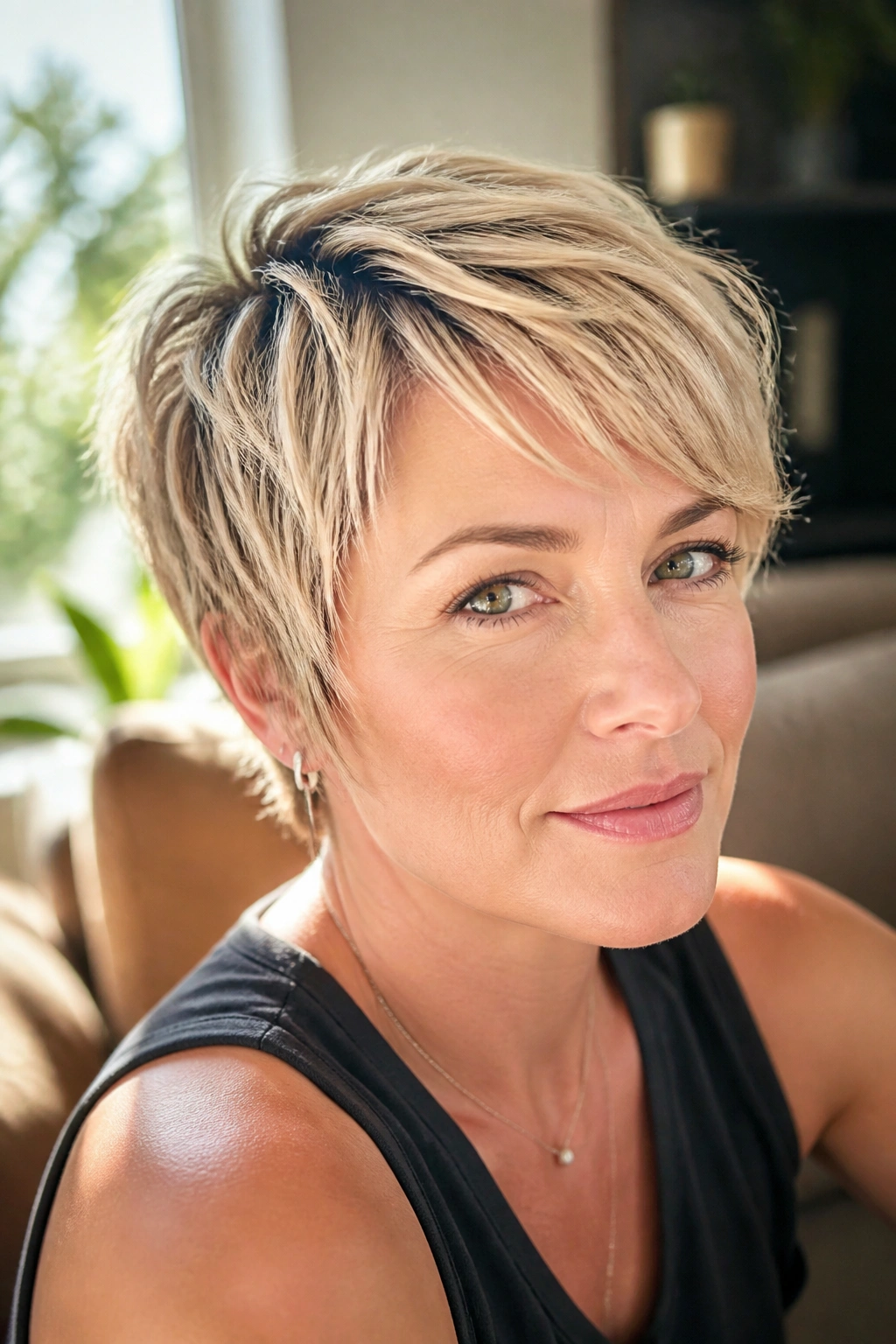 Close-up portrait of a real person with razor-cut soft pixie