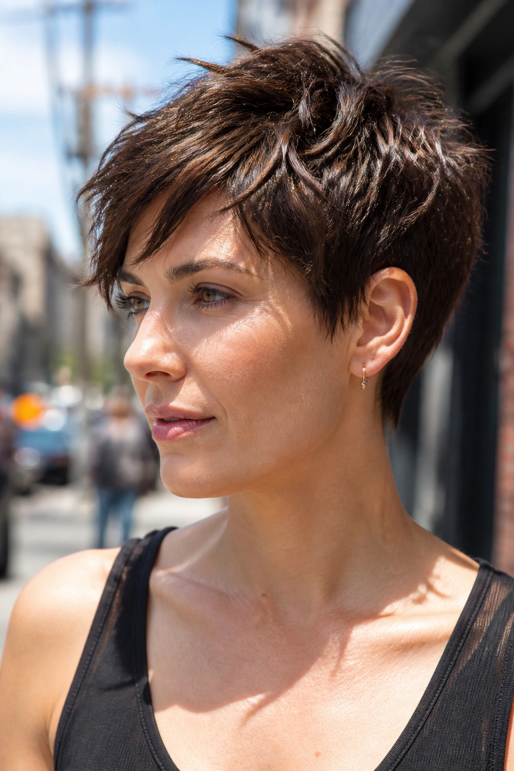 Real woman with razored undone pixie hairstyle on a sunny street