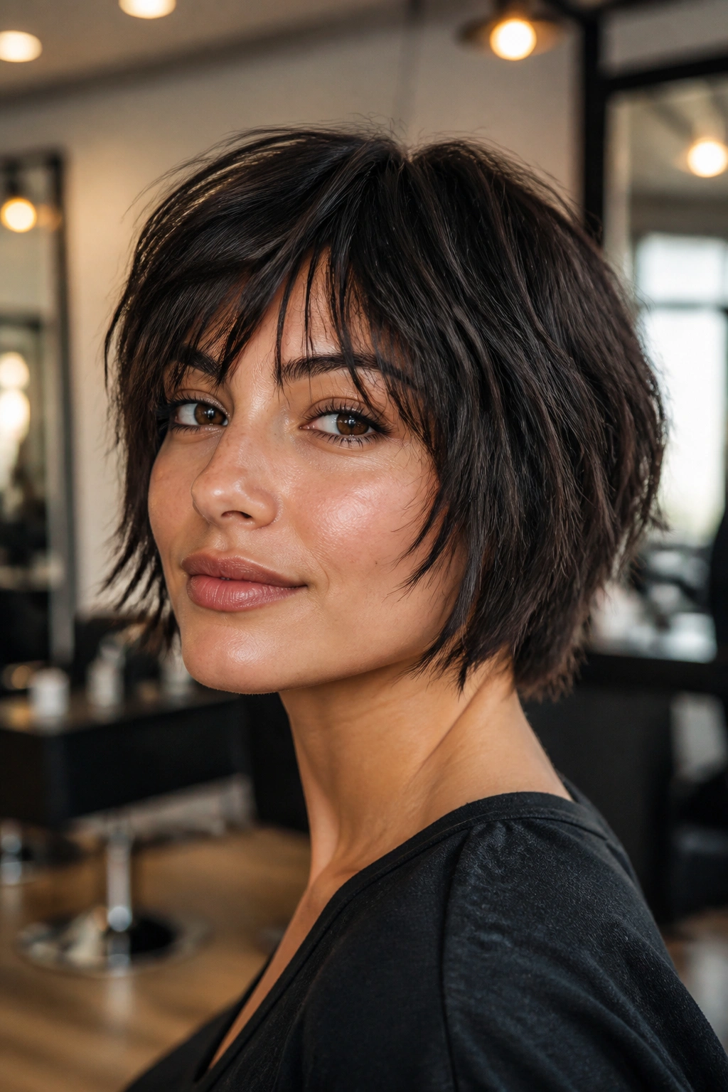 Close-up portrait of a real woman with a Razored Shag Bob hairstyle in a salon setting