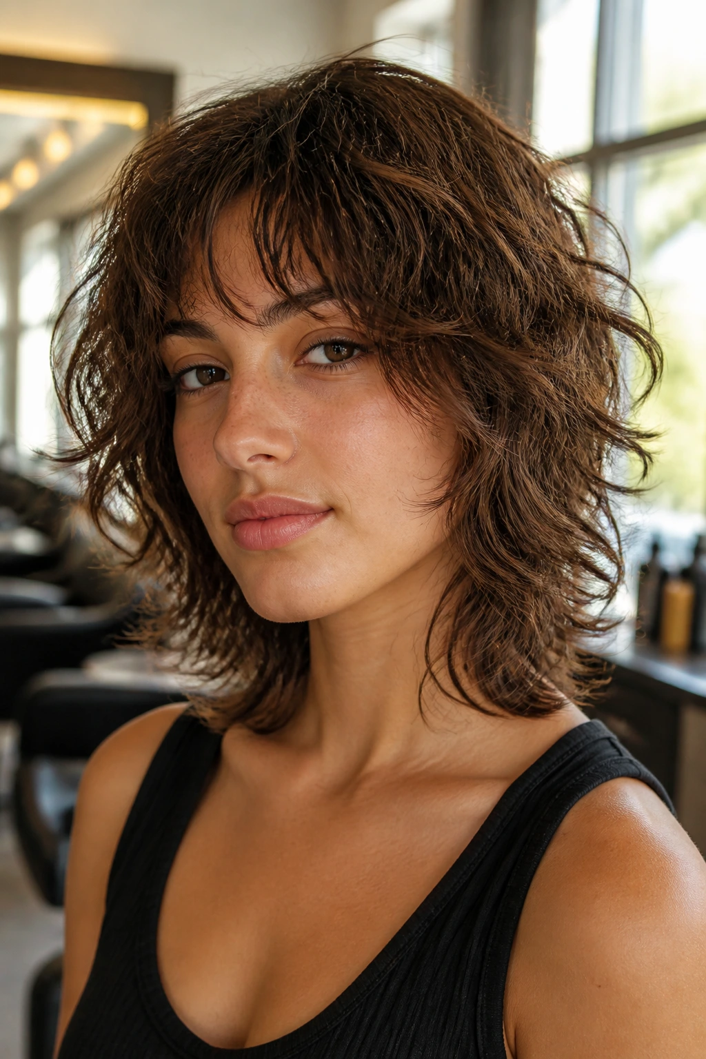 Real person close-up with razor-cut shag perm in a salon setting.
