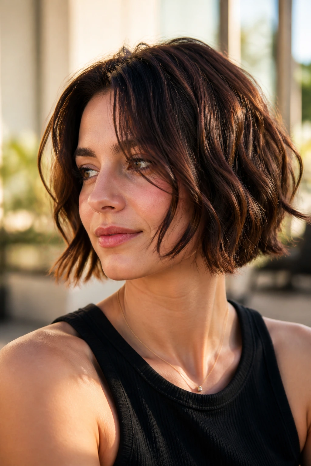 Close-up of a real person with a razored wavy bob on an outdoor terrace at golden hour