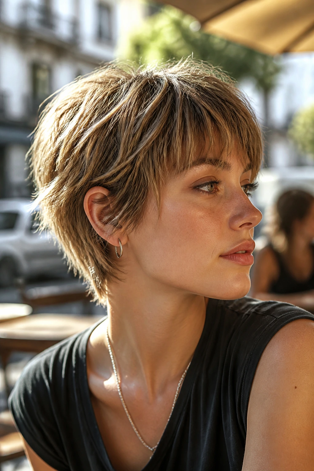 Close-up of a real person with razored wispy pixie and airy ends