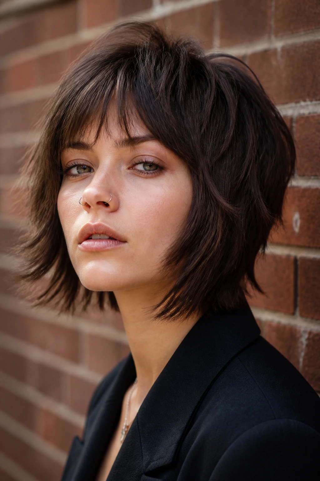 Close-up of a real person with a razored wolf bob hairstyle