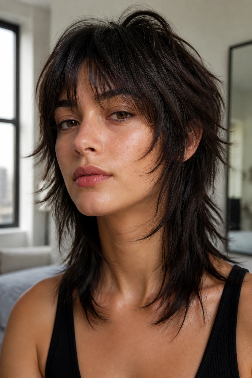 Close-up of razored wolf cut with piecey layers on a real woman