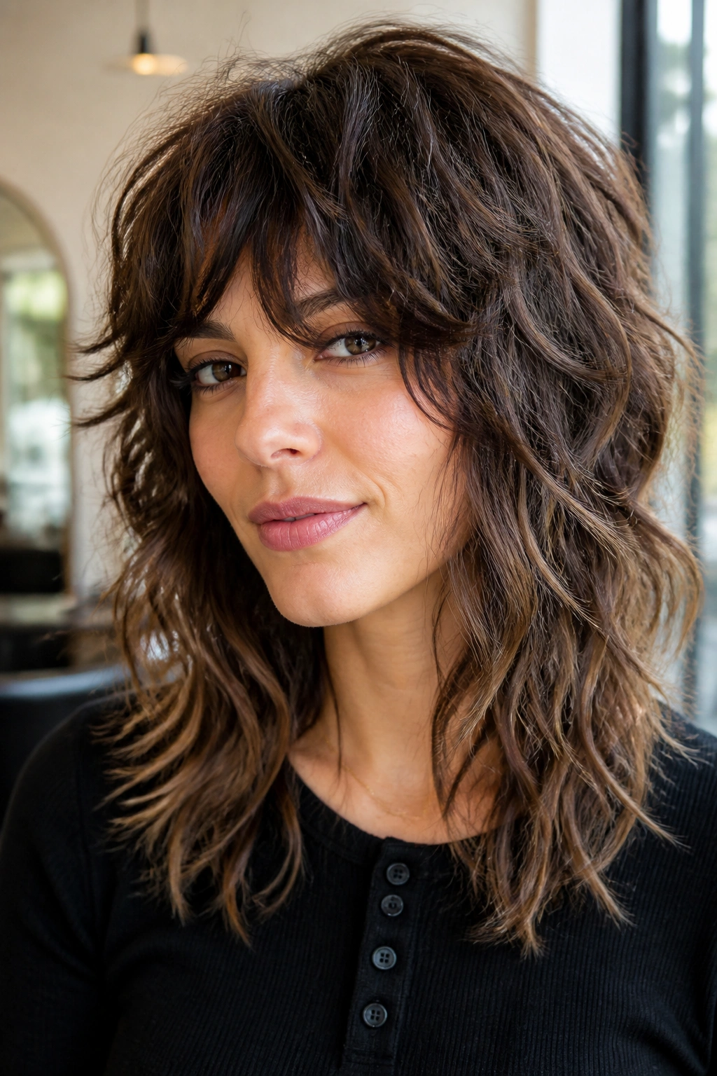 Close-up portrait of a real person with razored wolf cut in a salon setting