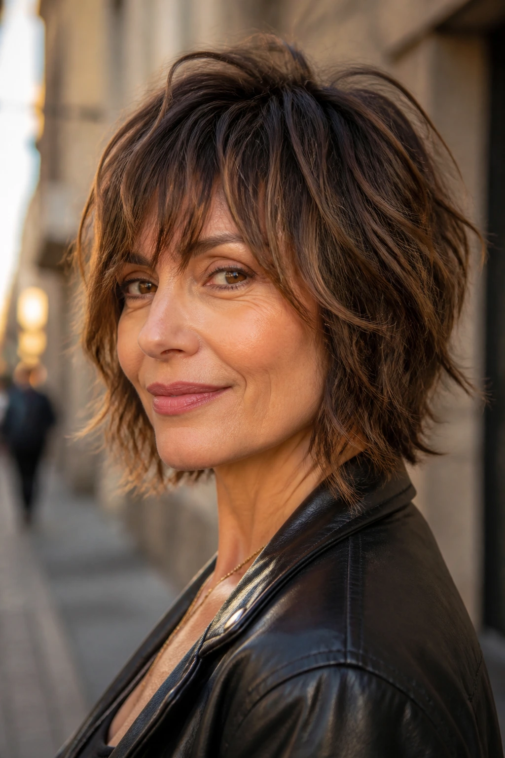Portrait of a real woman with a razor-cut bob-shag hairstyle.