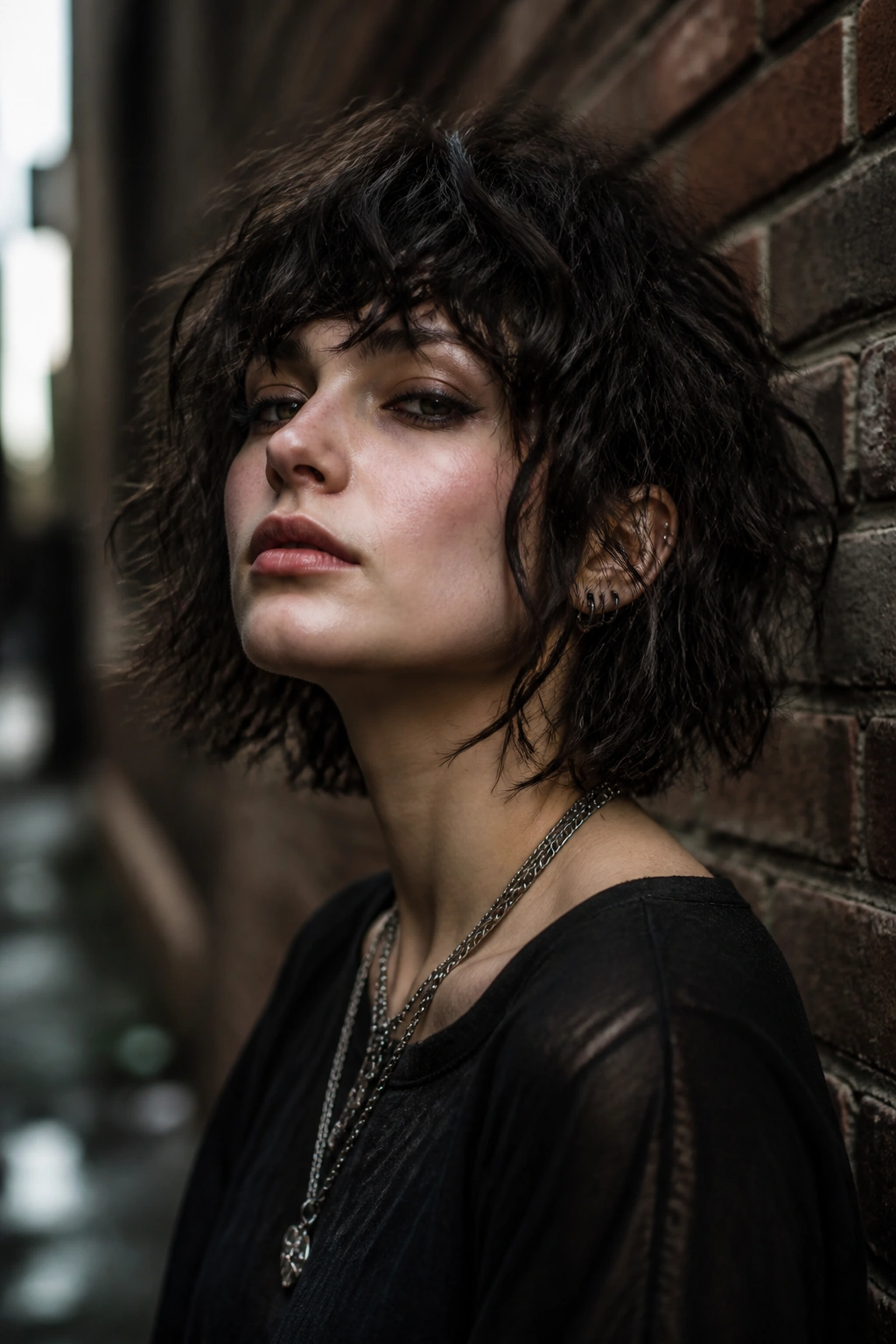 Real person with rebellious curly bob and razor ends in moody urban setting