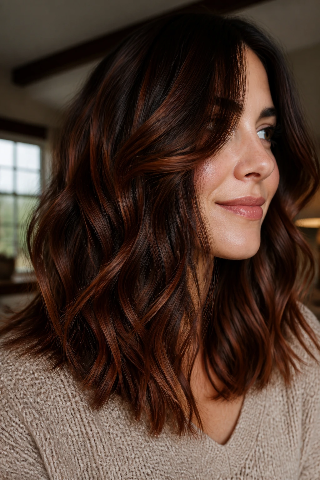 Close-up of real woman with dimensional red-brown ribbon balayage on wavy hair