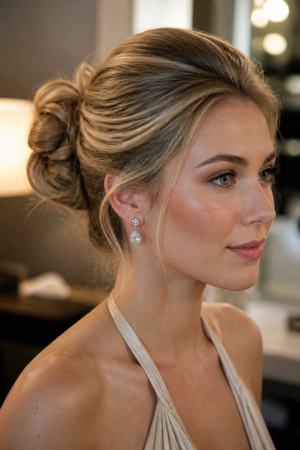 Close-up of a real woman with a soft red-carpet knot bun and lifted crown