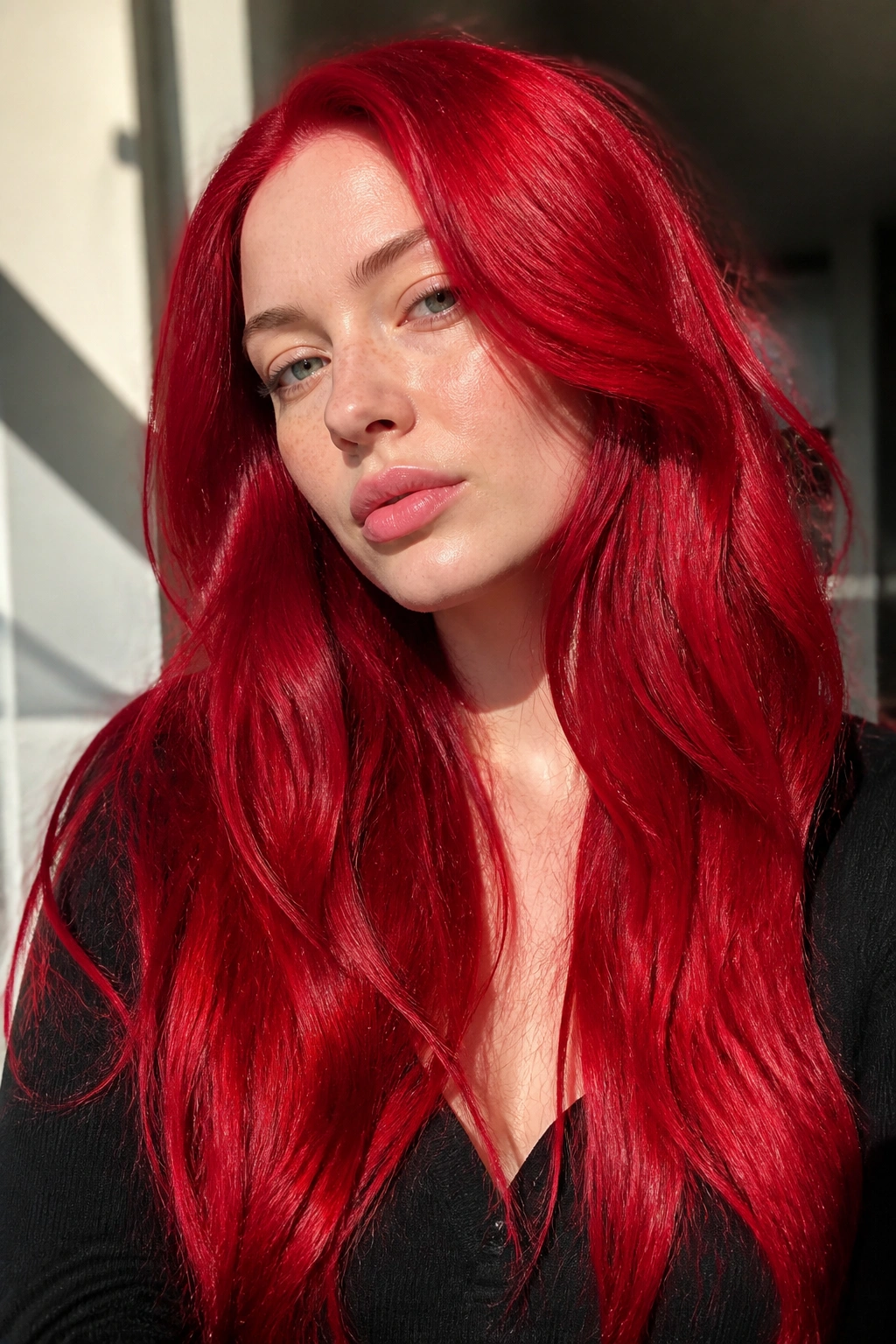 Close-up of a person with long fire-engine red hair in natural light