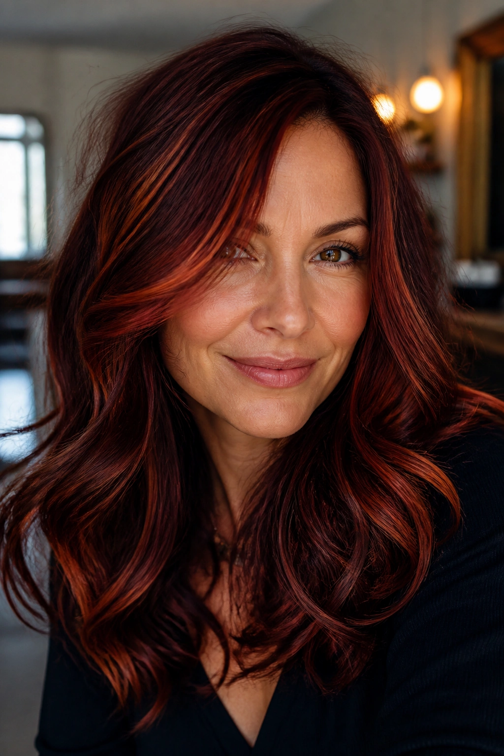 Close-up of a real woman with merlot auburn copper ribbon lights