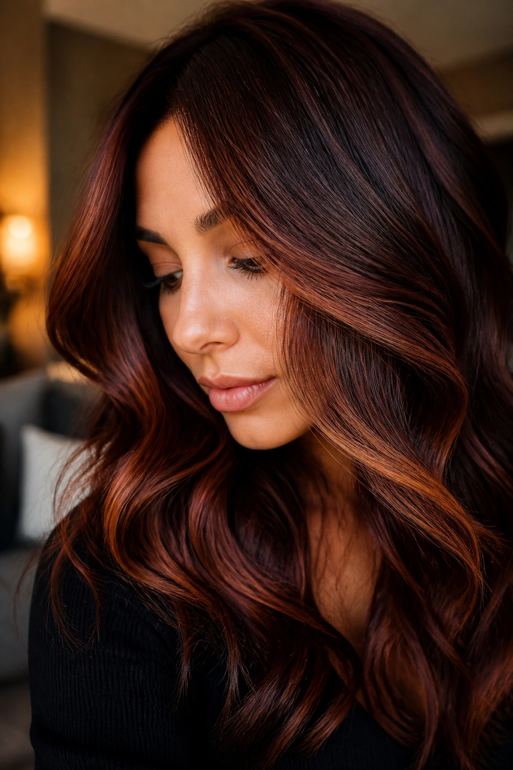 Close-up of dark brunette with black cherry auburn and copper threads framing the face.
