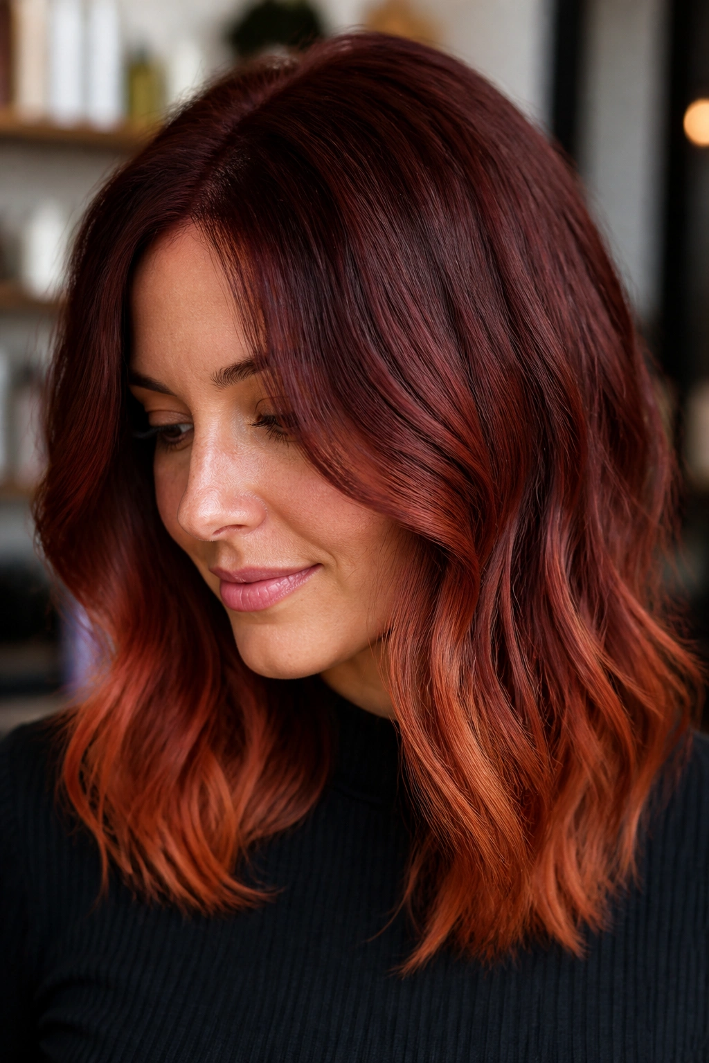 Close-up of a real woman with red velvet to auburn ombre on medium-length hair