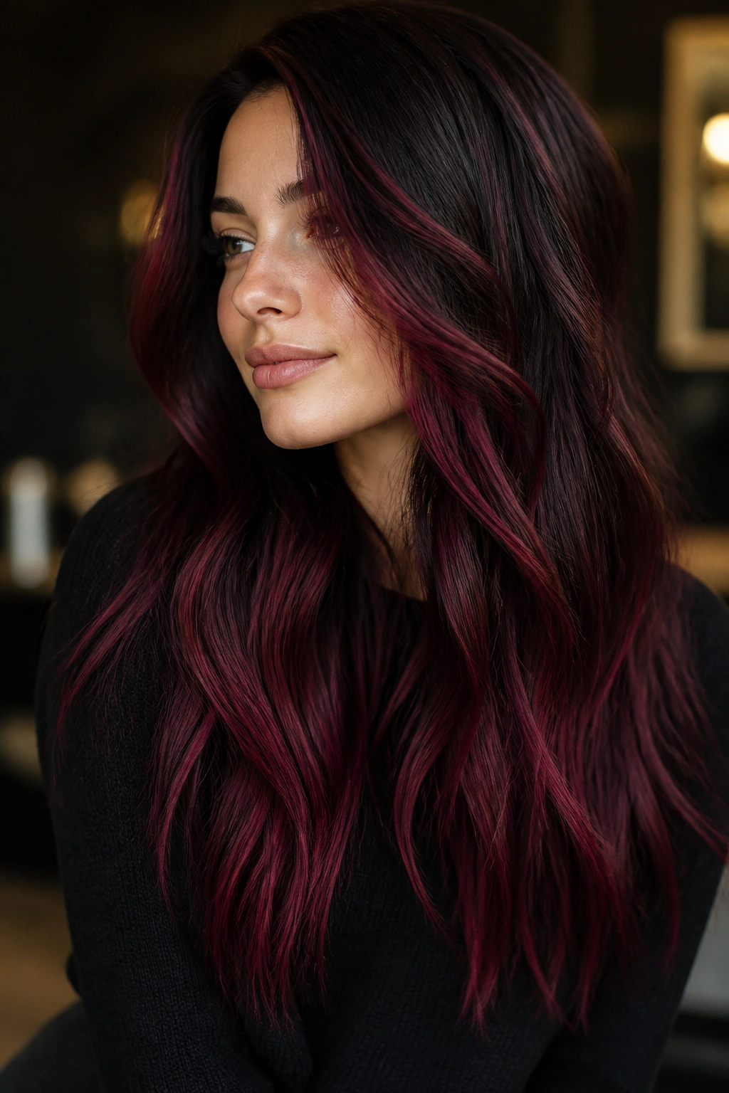 Close-up of a woman with red velvet balayage on dark base
