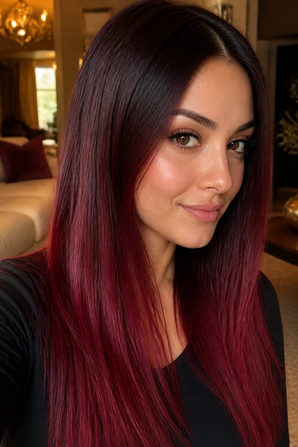 Close-up portrait of a real woman with red velvet gradient on straight hair.