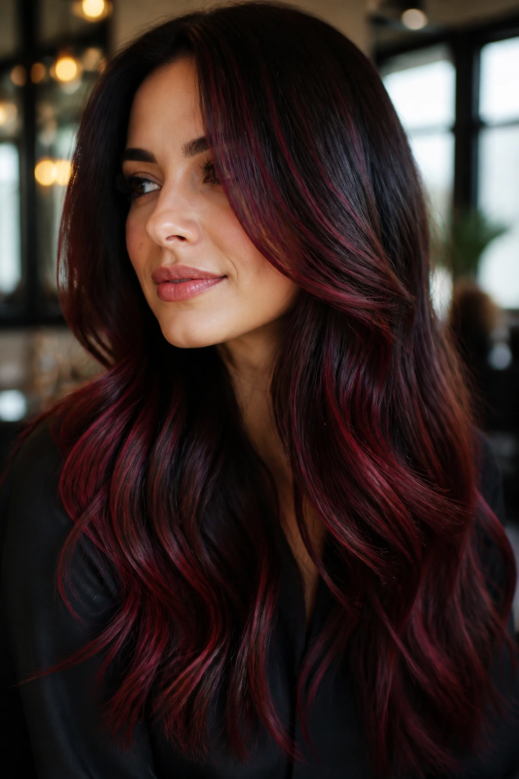 Close-up portrait of real woman with red velvet balayage highlights on dark hair