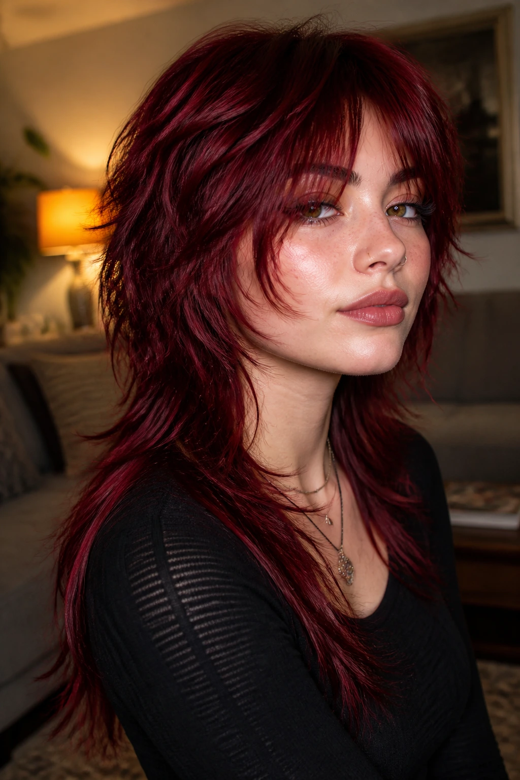 Close-up portrait of a real person with red velvet wolf cut and longer back length