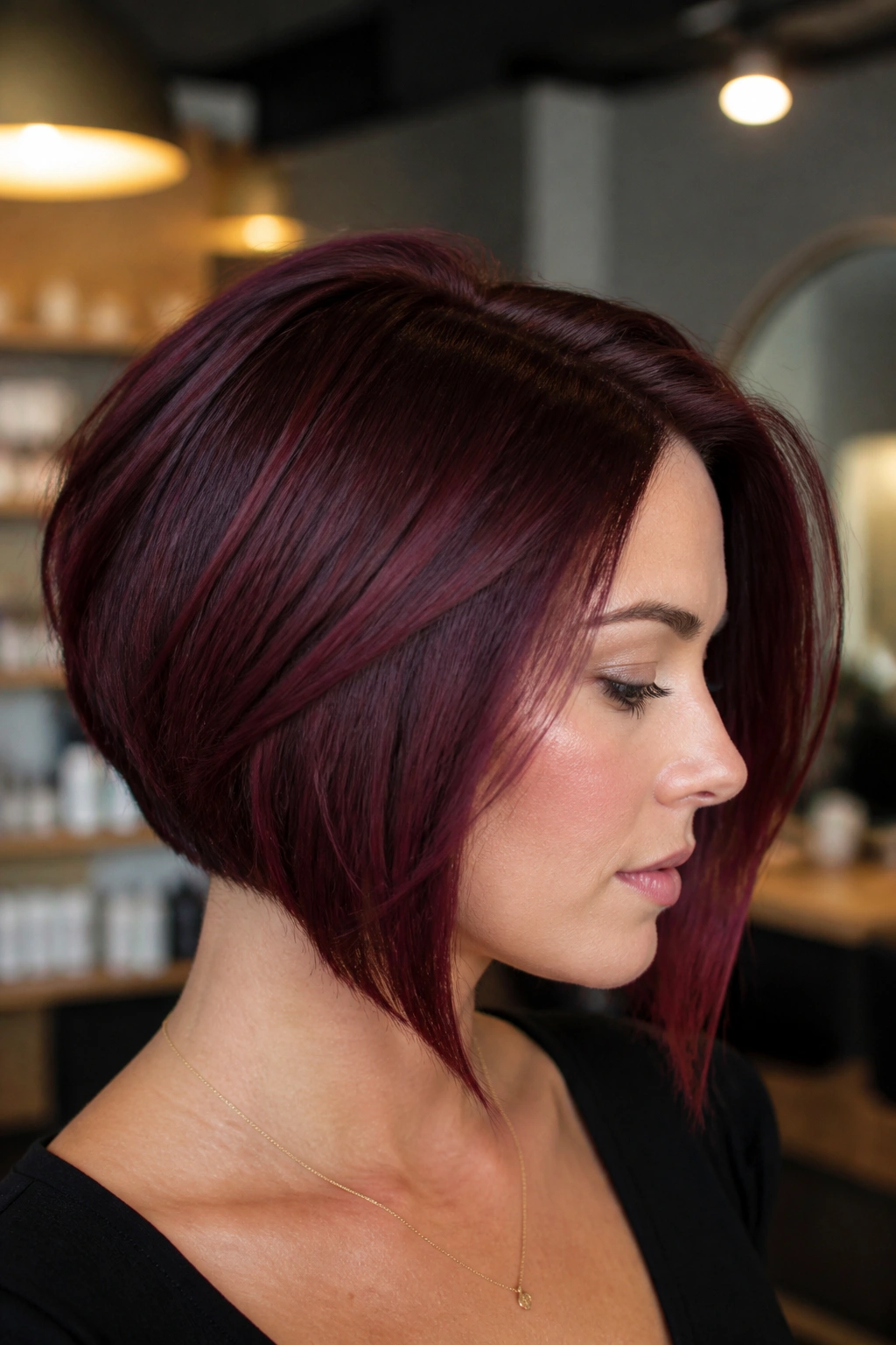 Close-up portrait showing red wine melt on an angled bob with darker back and lighter front.
