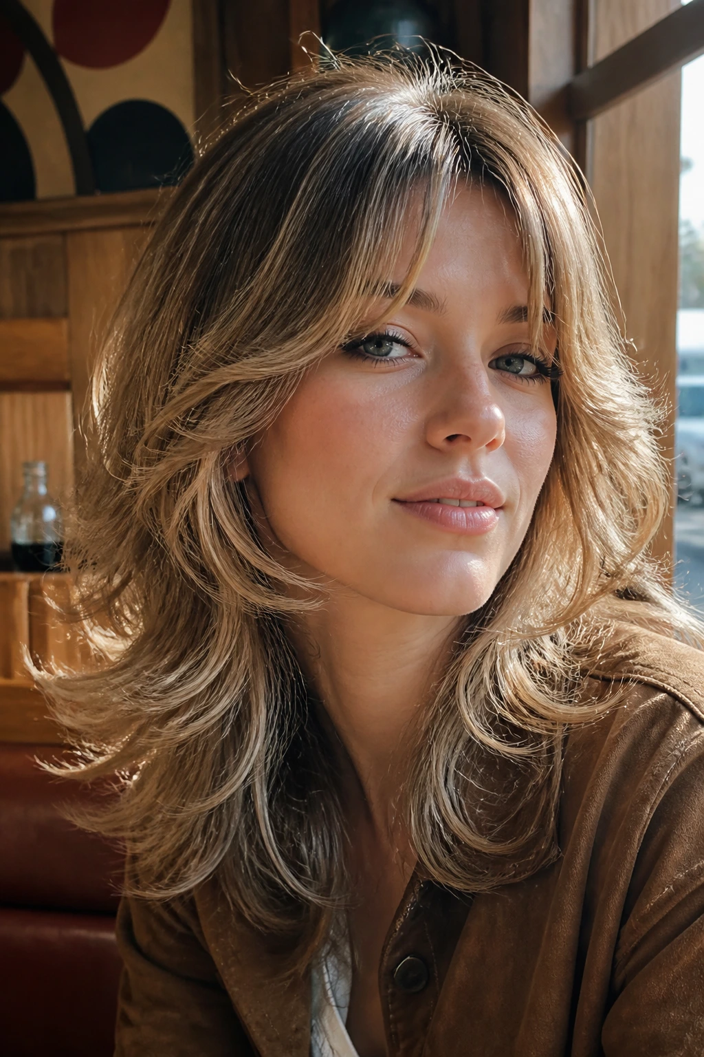 Real woman with retro 70s feathered wolf cut.