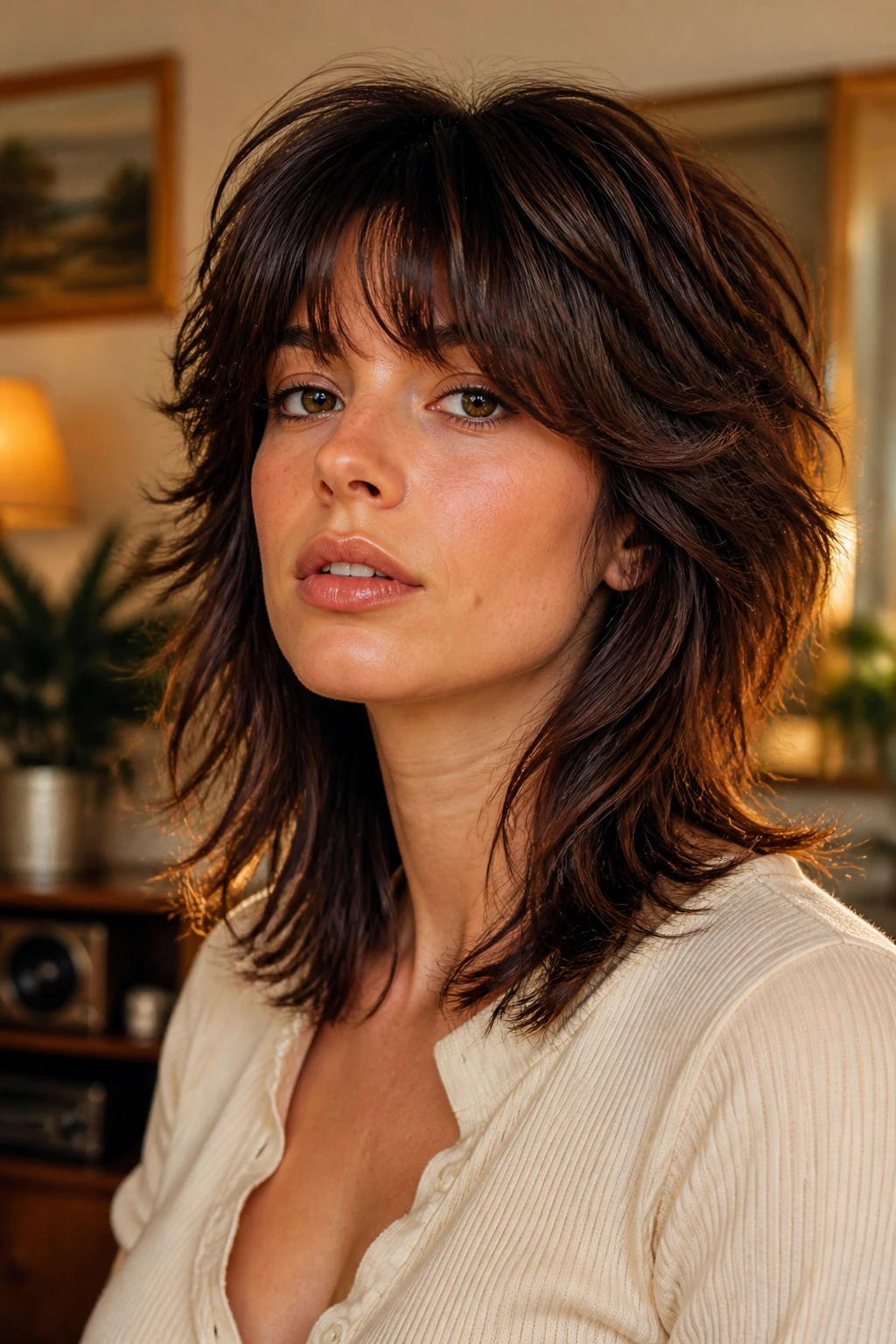 Close-up portrait of a real woman with retro 70s wolf cut in warm vintage-lit room