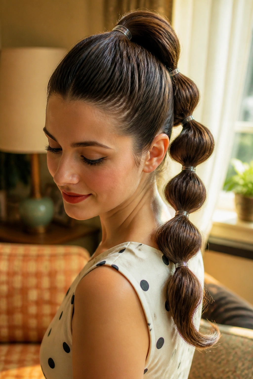 Close-up of a real woman with retro bubble ponytail in warm window-lit vintage living room