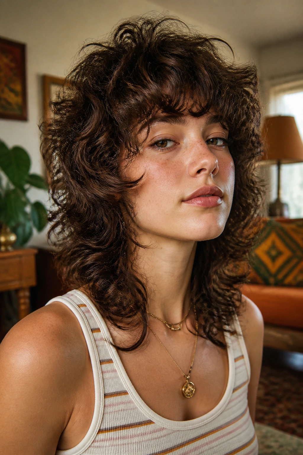 Portrait of a real person with retro 70s curly shag featuring crown volume and flipped front pieces.