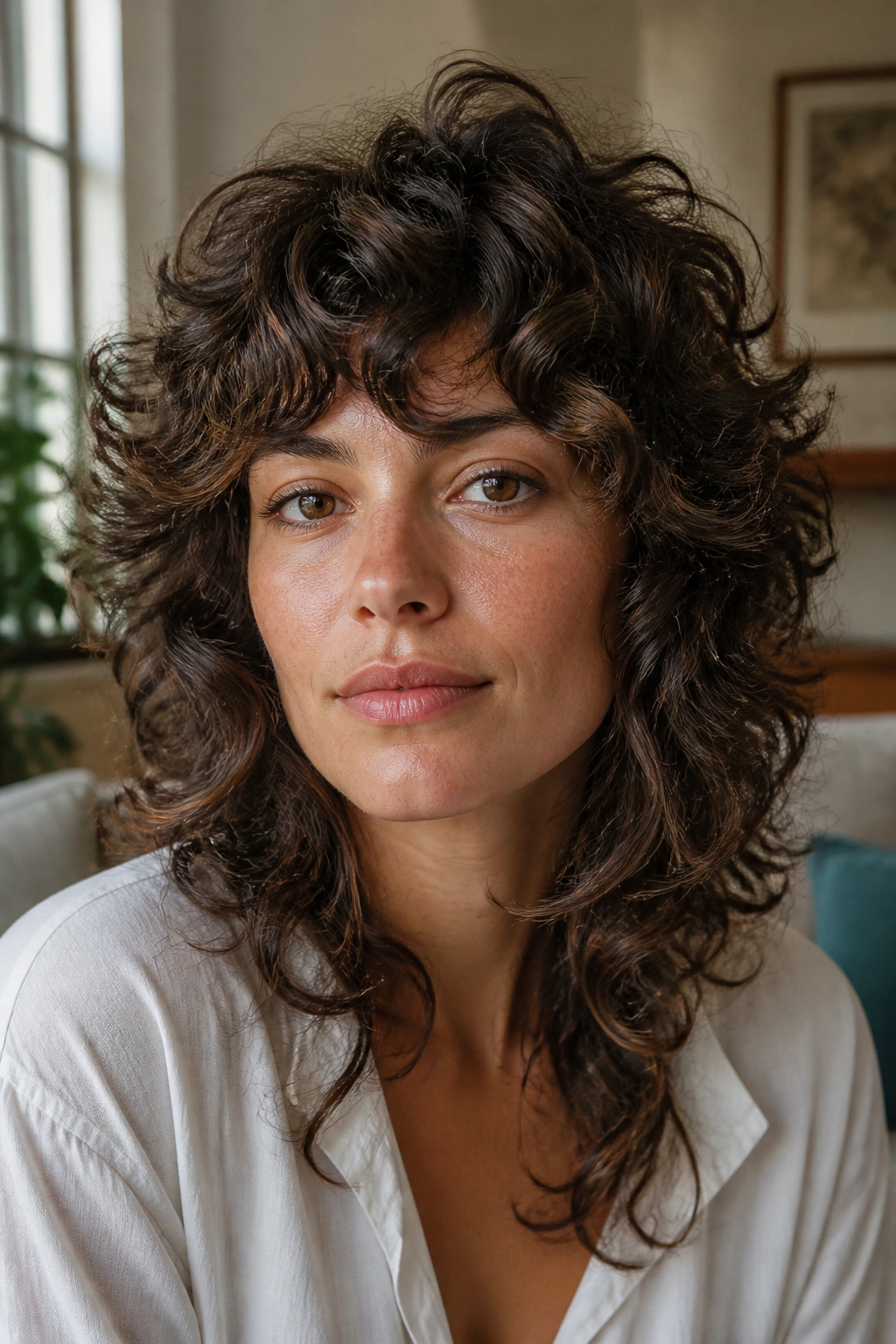 Close-up of real woman with retro curly shag featuring feathered ends and lifted crown