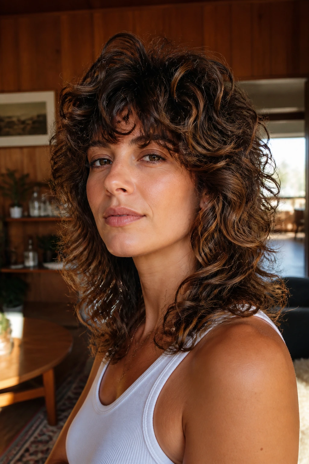 Close-up of a real woman with retro feathered curly shag in a retro living room
