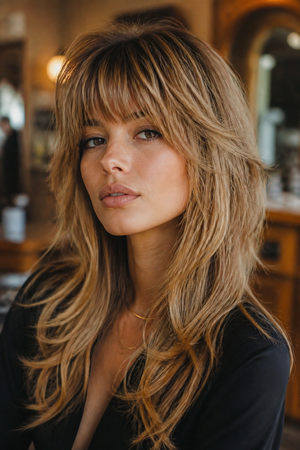 Close-up portrait of a real woman with retro feathered shag and lifted crown in a vintage-inspired setting