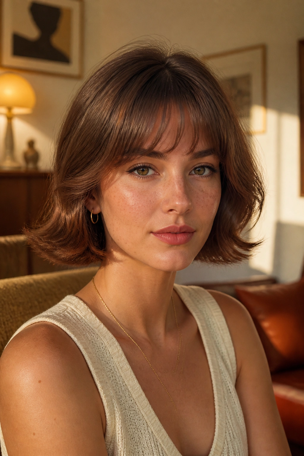 Close-up portrait of a woman with retro flipped bob and brushed-out fringe in warm light